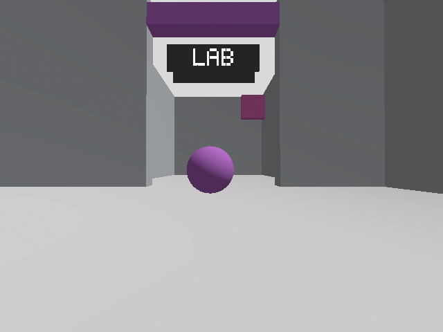 A simulated doorway with overhead LAB signage and a spherical reference marker placed in the portal — the class in which every one of the six localisation errors occurred.